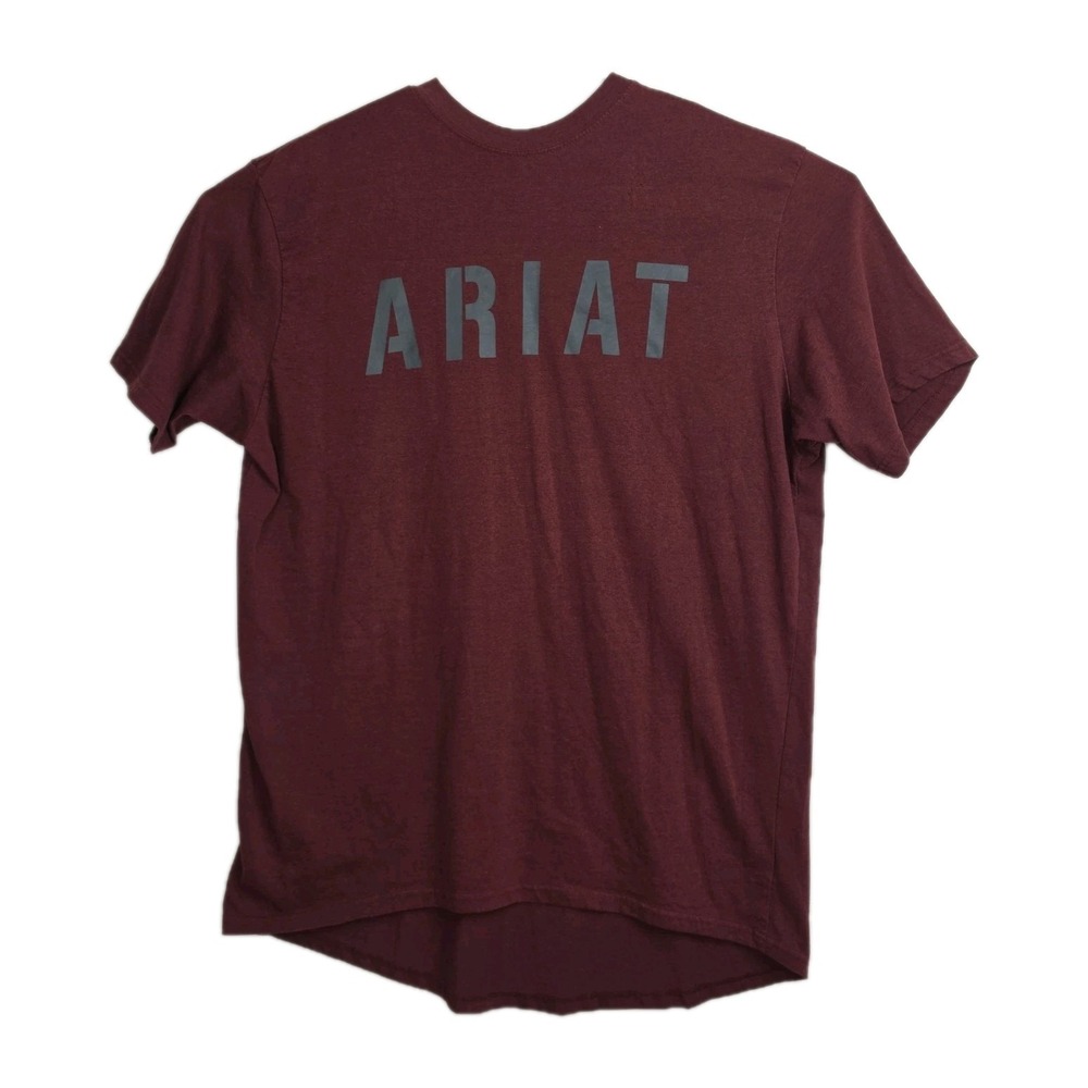 Ariat Rebar T-Shirt Men's Size 2XL Burgundy Big Logos‎ Long Crew Neck Short Slvs